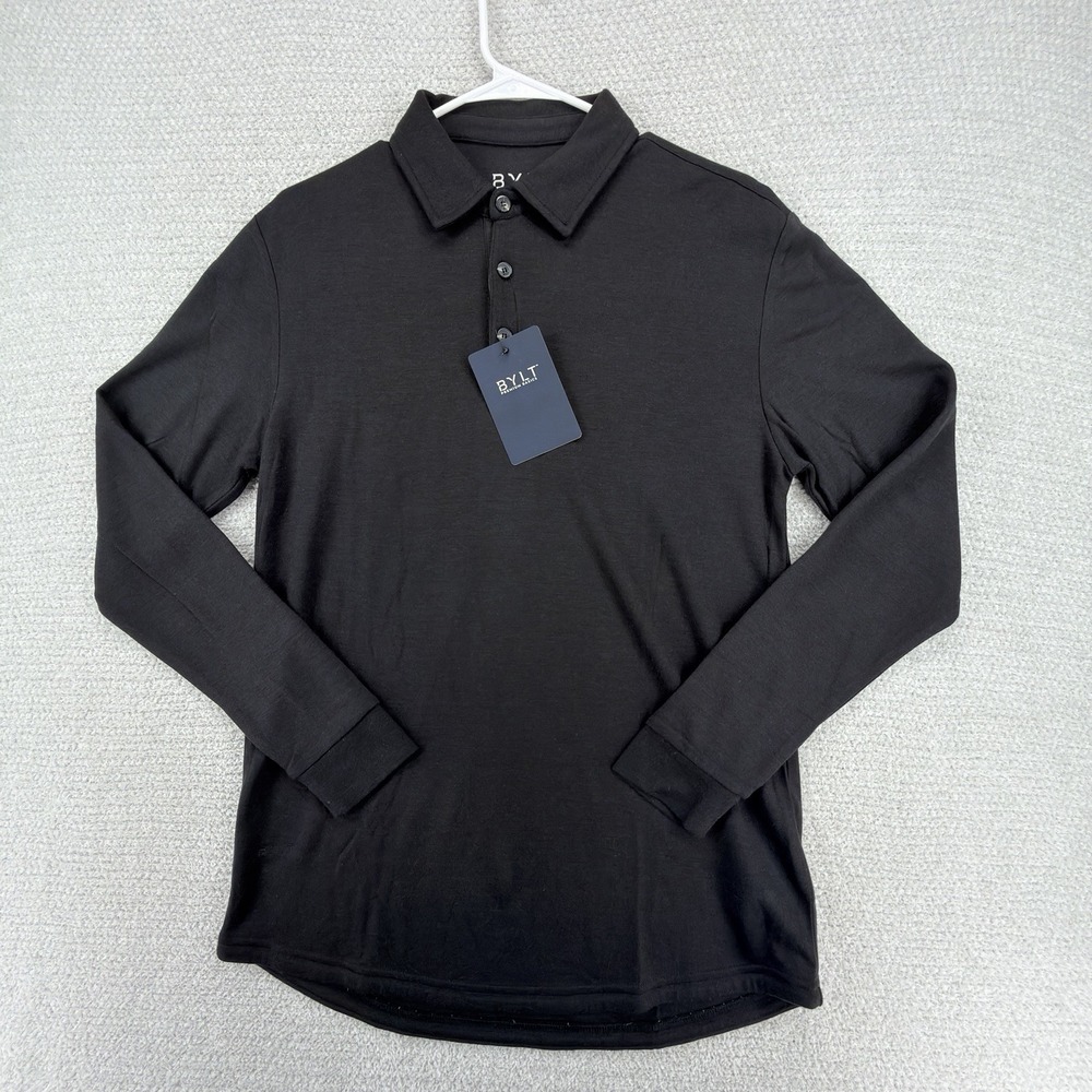 NEW BYLT Premium Basics Comfort Wool Polo Shirt Mens Small Black Long Sleeve